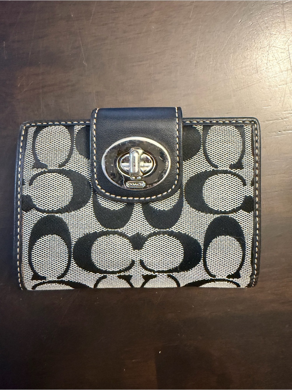 Coach Black and Cream Signature Canvas Small Wallet with Turnlock